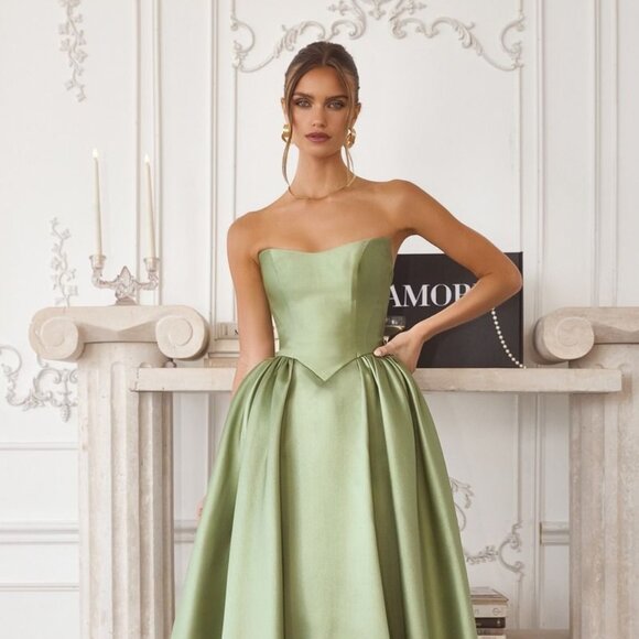 New Sage Fit and Flare Formal Dress w/ Basque Waistline & Lace Up Back CD T822 - Picture 4 of 10